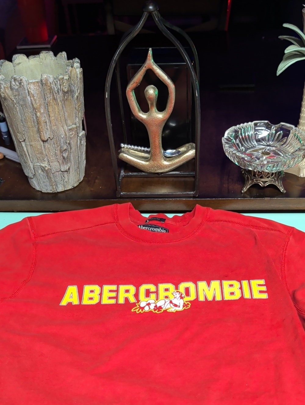 Abercrombie & Fitch Red Crewneck with Yellow Logo And Hula Girl